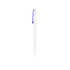 A plastic pen with a creamy white barrel and a purple clip, featuring a logo.