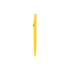 A yellow plastic pen with a silver clip, featuring a simple design and a branding logo.