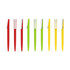A collection of plastic pens in red, green, and yellow with silver clips, featuring a simple design and branding.