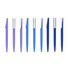 A collection of plastic pens featuring barrel colours in shades of purple and blue, each with a silver clip.