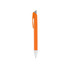 An orange plastic pen with a silver tip and a clip, featuring a logo on the barrel.
