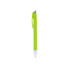 A green plastic pen with a silver tip and clip, featuring a logo on the barrel.
