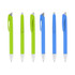 A collection of plastic pens in bright green and blue, featuring silver tips and clips, with branding on some.