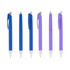 A collection of plastic pens in blue and purple, featuring a sleek design and silver accents, with branding visible.