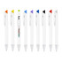 A collection of white plastic pens with various coloured accents, including orange, green, blue, purple, and black. One pen features a decorative design.