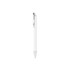 A plastic pen with a white barrel and silver accents, featuring a clip and a smooth writing tip.