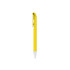 A yellow plastic pen with a silver tip and an attached clip, featuring a logo.
