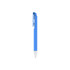 A blue plastic pen with a clip and a silver tip, featuring a branding logo.