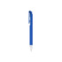 A blue plastic pen with a silver tip and a clip, featuring a simple design and a branding logo.