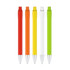 A set of five plastic pens in red, orange, yellow, white, and green, featuring silver accents and a logo.
