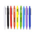 A selection of plastic pens in various colours, including white, black, red, yellow, green, blue, and purple, featuring a logo.