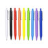 A lineup of plastic pens in white, black, red, orange, yellow, green, blue, and purple, featuring a branding logo.