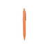 An orange plastic pen with a simple design and a clip, featuring branding on the barrel.