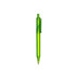 A green transparent barrel pen with a click mechanism and clip, featuring a branding logo.