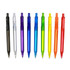 A collection of plastic pens with transparent barrels in various colours: black, clear, purple, blue, green, yellow, and red.