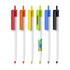 A collection of plastic pens with creamy white barrels and colourful accents in red, orange, green, blue, and black.