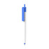 A push button pen with a creamy white barrel and a blue clip. The pen features a branding logo.