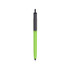 A green barrel pen with a black cap, featuring a push button mechanism. Includes a branding logo.