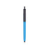 A push button pen with a blue barrel and black cap, featuring a logo on the barrel.
