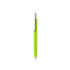 A push button pen with a vibrant green barrel and a creamy white cap, featuring a logo.