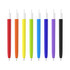 A collection of push button pens featuring colour barrels in red, orange, yellow, green, blue, purple, and black with creamy white caps.