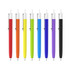 A set of push button pens with colour barrels in red, orange, yellow, green, blue, purple, and black, featuring creamy white caps.