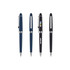 A set of four plastic pens in navy blue and black, featuring shiny metallic accents and varied designs.