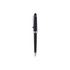 A sleek black metal pen featuring a silver clip and accents, with a logo on the body.