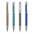 Four metal pens in various colours: brown, teal, grey, and blue, featuring a sleek design and branded logos.