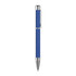A metallic blue pen with a textured grip and silver accents, featuring a clip and a branding logo.