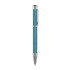 A metal pen with a turquoise textured grip and chrome details, featuring a clip and a logo.