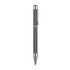 A metallic grey pen with a textured grip and a sleek chrome finish, featuring a logo on the barrel.