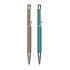 Two metallic spark pens featuring a textured fabric grip in beige and teal, with chrome accents and clip.