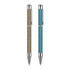 A pair of metallic spark pens in beige and blue, featuring a sleek design and chrome detailing, with a logo.
