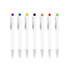 A collection of creamy white barrel pens with various coloured tops and silver accents, featuring a logo.