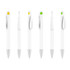 A collection of six creamy white pens with coloured clips in yellow and green, featuring silver accents and a logo.