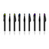 A set of black barrel pens with coloured accents on the clips and silver tips. Features a logo on some pens.