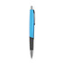 A plastic pen featuring a shiny blue barrel and a black grip, with a silver clip and tip. Contains a logo.