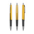 A set of three plastic pens featuring a shiny yellow and black design, each with silver accents and a clip.