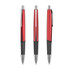 Three red plastic pens with black grips and silver accents, featuring a logo on each pen.