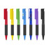 A range of soft grip pens in red, yellow, green, blue, purple, and black with colour barrels and black grips.