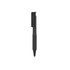 A black plastic pen with a soft grip and a clip, featuring a simple design. It has a branding logo.