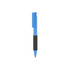 A blue plastic pen with a soft grip barrel and a clip at the top. The pen has a black grip section.