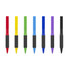 A selection of plastic pens in red, yellow, green, light blue, blue, purple, and black with soft grip barrels.