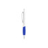A plastic pen with a creamy white barrel and blue grip. It features a clip and a shiny silver tip.