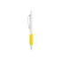 A plastic pen with a creamy white barrel and a bright yellow grip, featuring a clip and a logo.