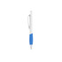 A plastic pen with a creamy white barrel and a blue grip, featuring a clip and a silver tip.