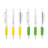 Six plastic pens with creamy white barrels and yellow and green grips, featuring a silver clip and tip.
