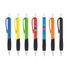 A set of plastic pens in blue, yellow, green, red, orange, and black with colour barrels and black grips. Each pen features a logo.