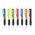 A selection of plastic pens with colour barrels in blue, yellow, green, red, black, and orange, featuring black grips.